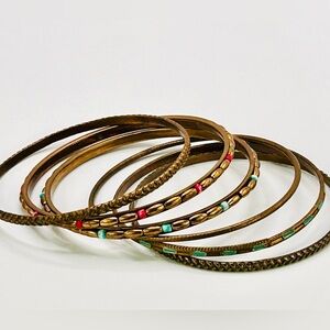 Vintage Boho Multicolor Brass Bangle Stacking Set of 6 Enamel & Inlaid Beads